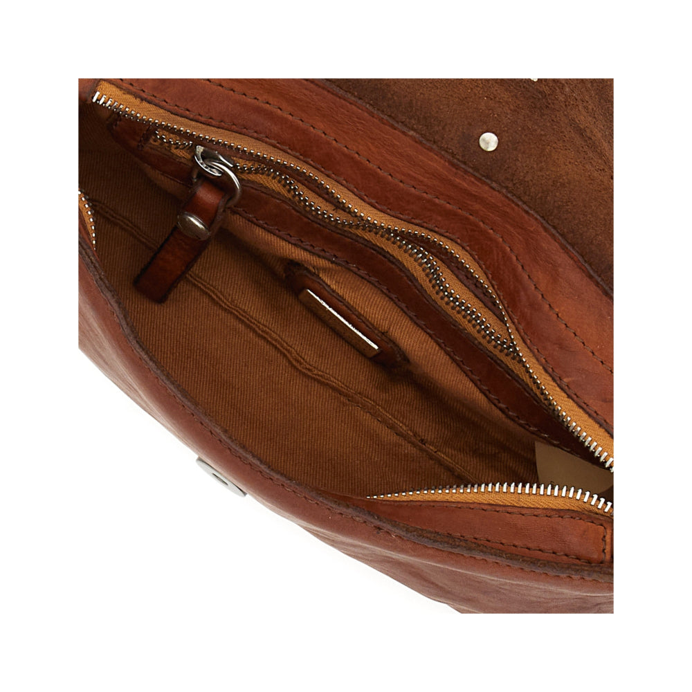 Campomaggi Artemisia Clutch Bag Cognac öppen väska, fodrad insida och inefack med dragkedja