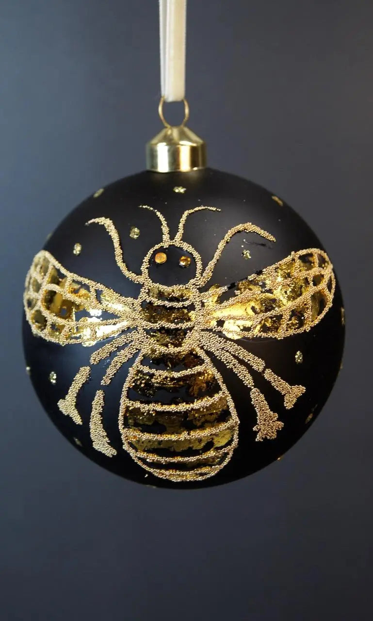Julgranskula Svart Glas Med Bi, 8cm